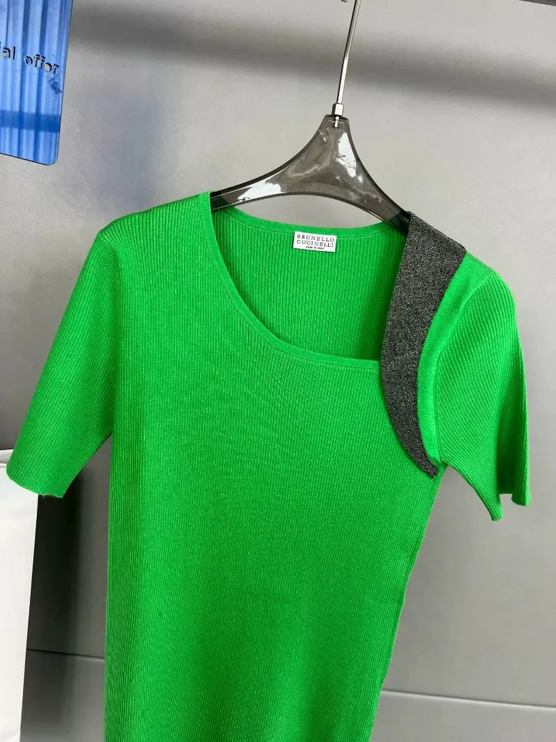 女性Tシャツ夏の不規則なスプライシングハイポテンゼウールニットブルネロボトムシャーツ緑色のクチネリのスプライシング