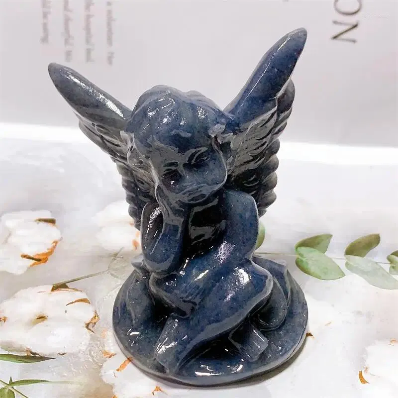 Dekorativa figurer Naturliga blå Aventurine Angel Crystal Carving Healing Birthday Present Energy Stone Fengshui Home Decoration Holiday