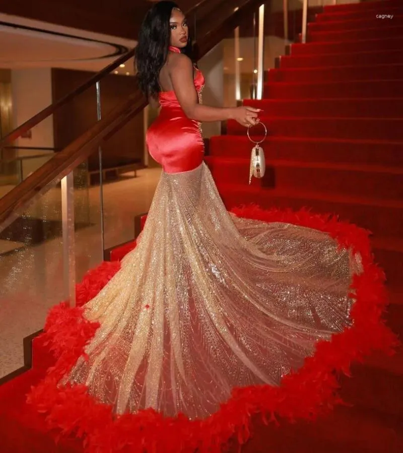 Red Gold Mermaid Feather Party Dress With Lace Beaded Feather And Elegant Design For Womens Prom Evening Birthday Or Vestidos Festa Luxo From Cagney 149.74 DHgate.Com