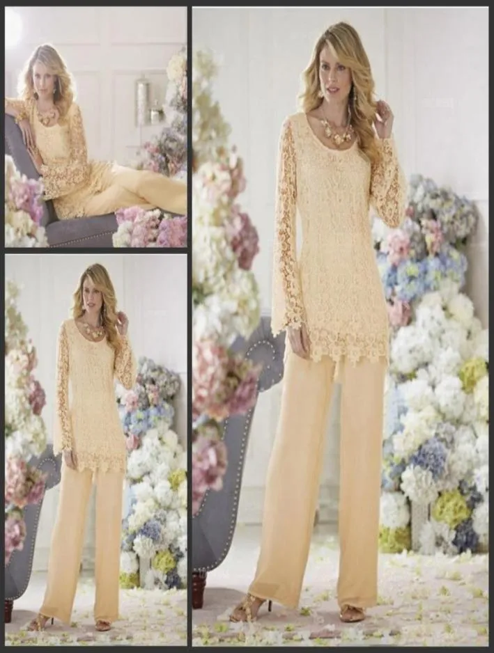 Two Piece Lace Mother Pant Suits For Wedding Mother of the Bride Pant Suits Chiffon Long Sleeve Groom Mother Clothes Cheap Bridal 8785615