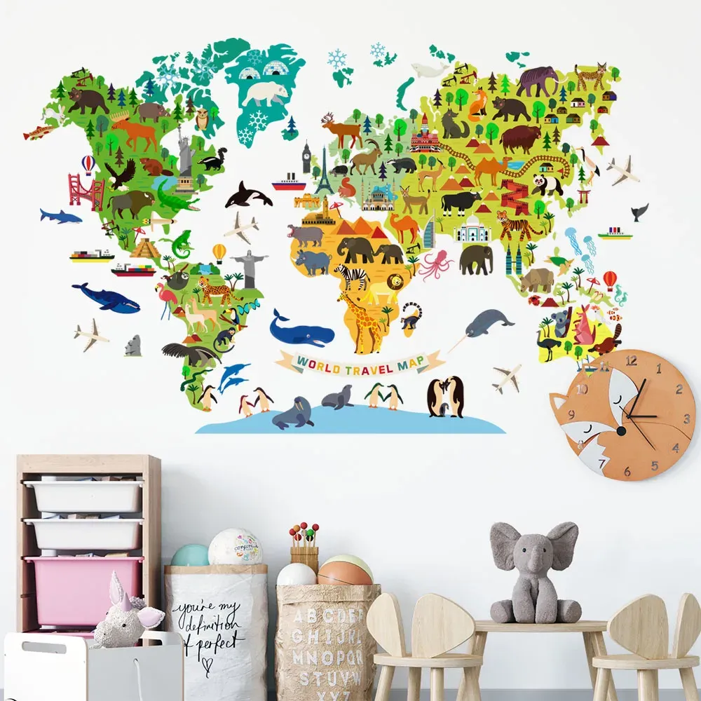 World Travel Map Block Wandaufkleber Abnehmbarer Abziehbild für Display Fenster Kindergarten Studienraum Dekor Kunst Selbstklebender Poster Wandbild