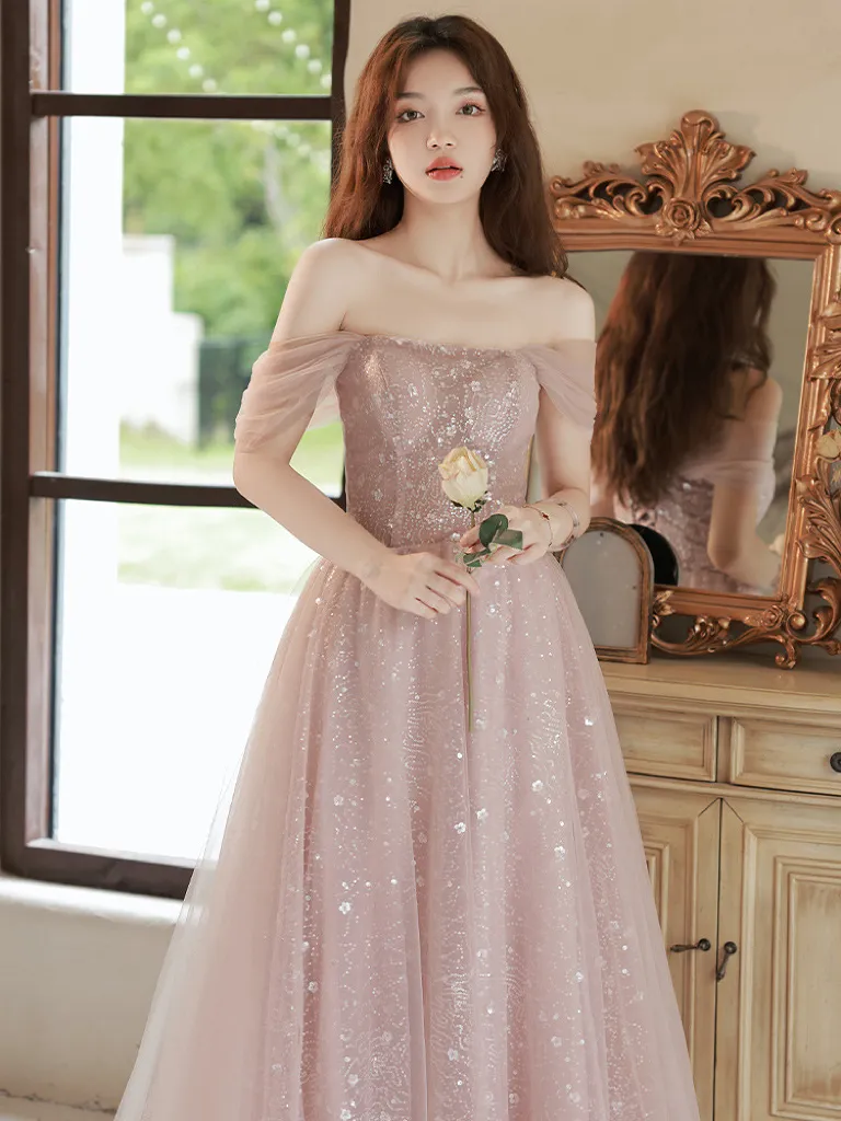 chinese dress ladies Zapaka Women Dusty Rose Long Off The Shoulder Bridesmaid Dress A Line Wedding Guest Dress with Sleeves, Dusty Rose / US12 main image 1