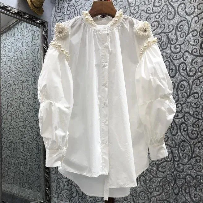 Blouses des femmes Long Long White Blouse for Women 2024 Spring Love Beads Lantern Sheve Shirt European and American Style Top Shirts Blusas