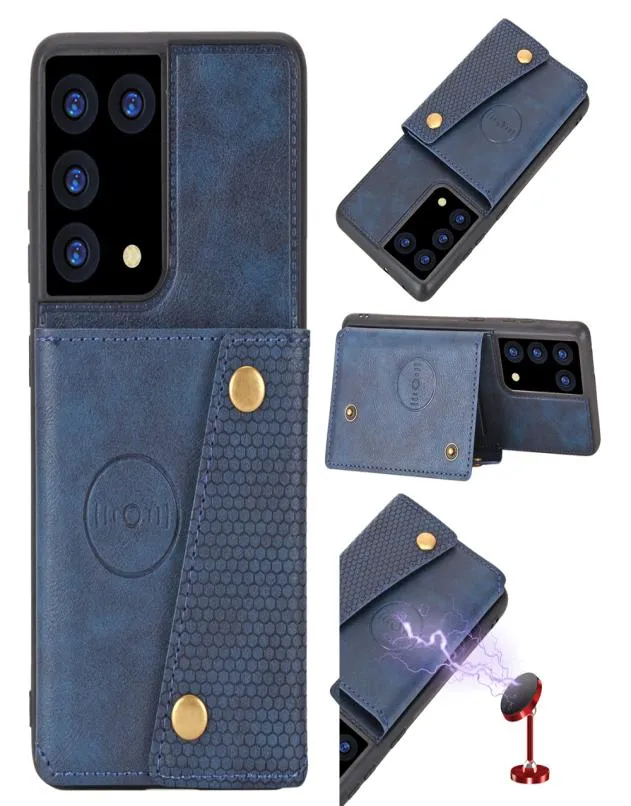 Trwałe przyciski skórzane pokrywę dla Samsung Galaxy S21 S21ULTRA Case Magnetyczne mocowanie samochodu Pokrycie telefonu S21 Ultra Kick -Stand Card 8284277