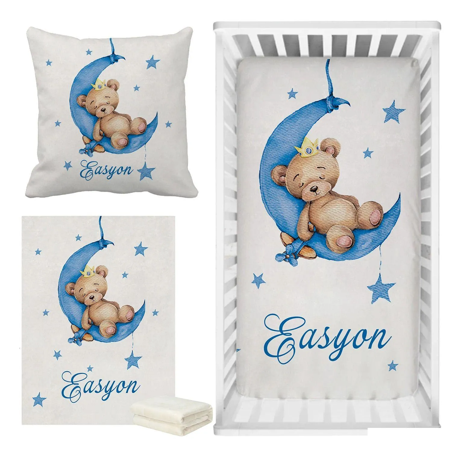 Conjuntos de cama Yziho Nome personalizado Slee Urso Berço azul Sono Sleep On Moon Baby Shower Presente 240328 Drop Deliver