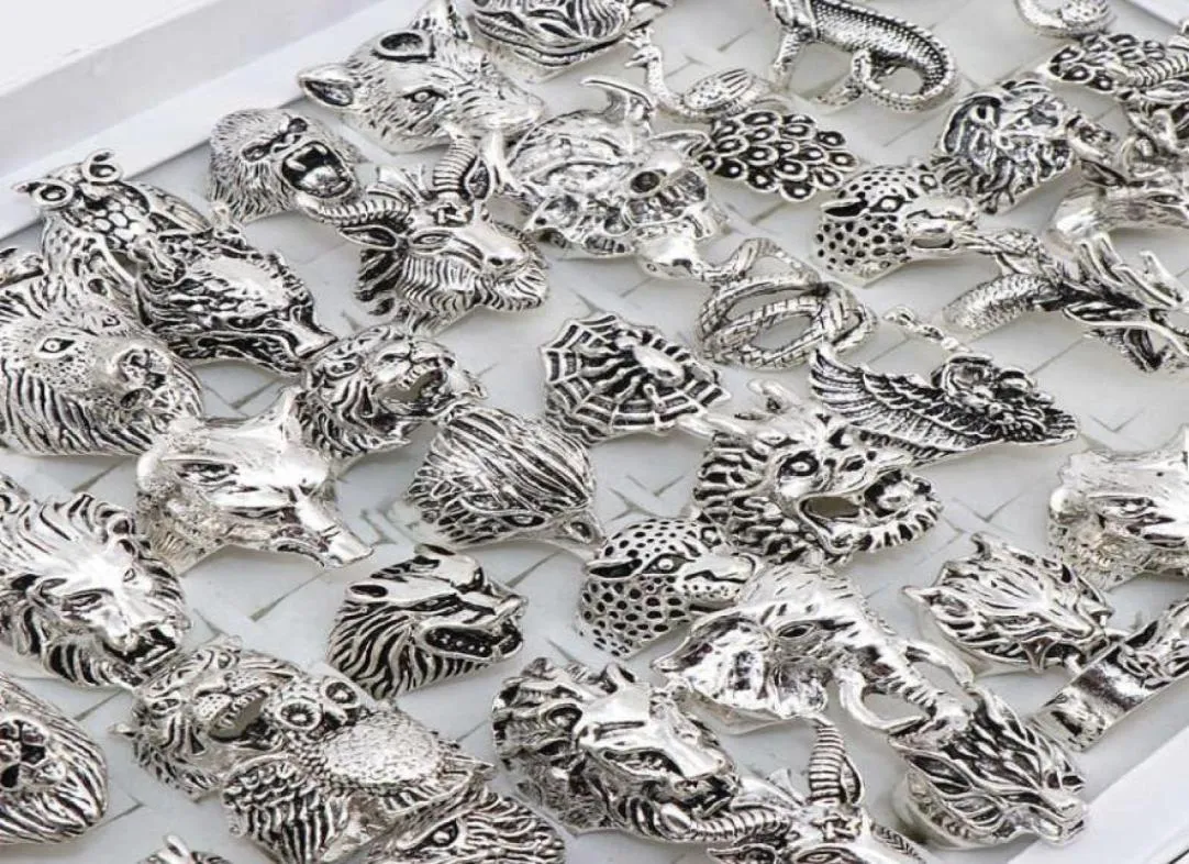 Vente en gros 20pcs / lots mélange hibou Dragon Wolf Elephant Tiger etc Style Animal Anneaux Bijoux vintage Anneaux pour hommes Femmes 2106232172995