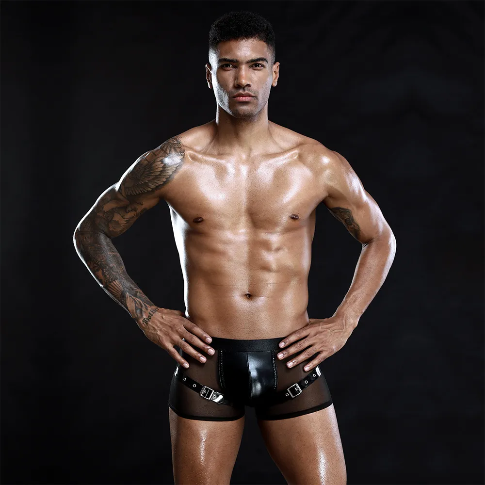 Underpants Sexy Men Metal Buckle Boxers Faux Leather Lingerie Stage U Convex Pouch Black Patent Leather Mesh Boxers Shorts Underwear