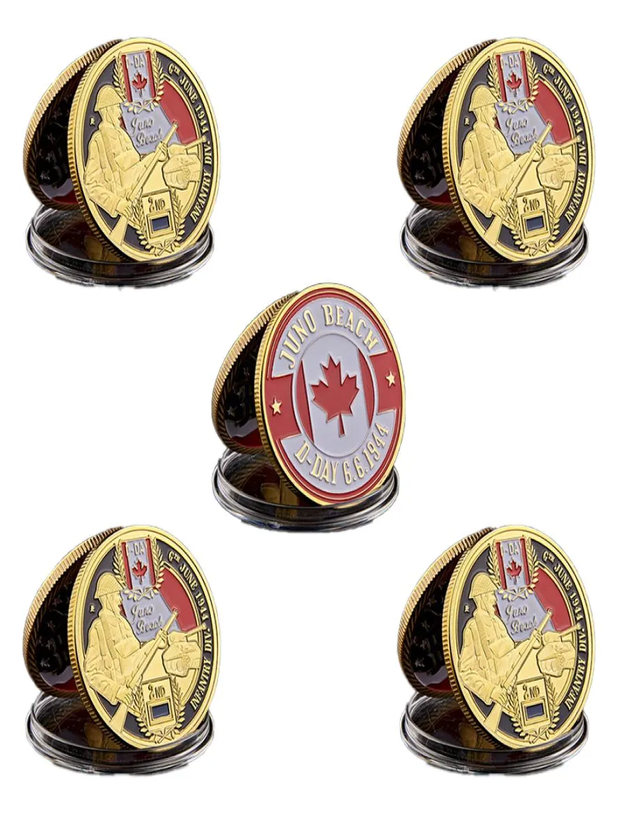 5pcs DDay Normandy Juno Beach Military Craft Canadian 2rd Infantry Division Gold Plated Memorial Challenge Coin Collectibles1346600