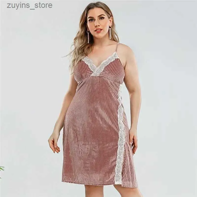 Basic Casual Dresses Plus Size Rib Knit Contrast Lace Mini Sleep Dress Woman Casual Loose Spaghetti Strap Dress for Curve Women Cami Sleepwear L49