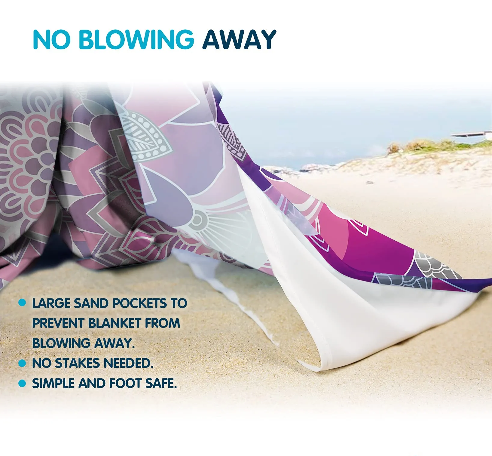 Tappetino a prova di sabbia coperta da spiaggia boho con tasche angolari e borsa a rete per feste in spiaggia, viaggi, campeggio, mandala di fiori viola