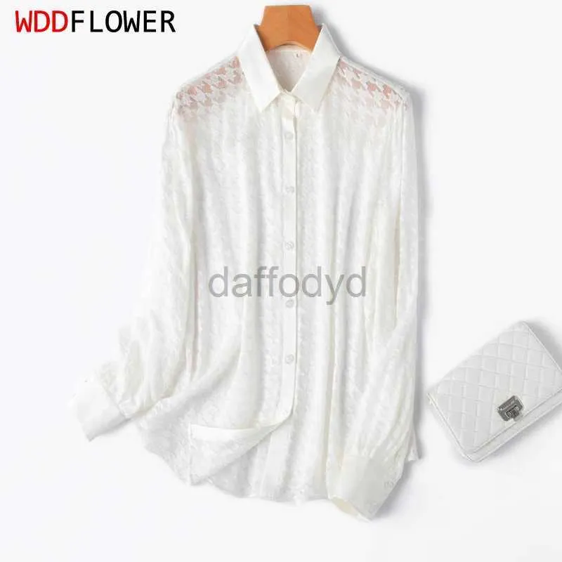 Women's Blouses Shirts Women Silk Shirt 100% Mulberry Silk Thin Type Transparent Embroidery White Buttons Down Long Sleeve Top Blouse M L XL M1079 240411