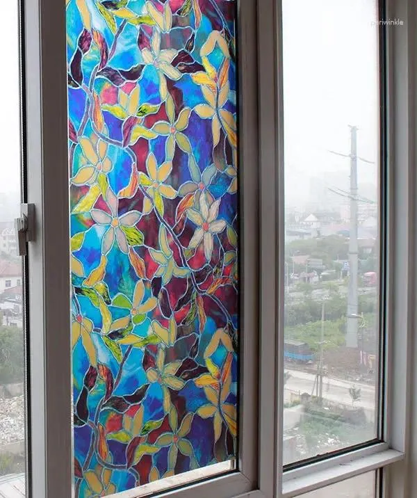 Window Stickers 45x100cm PVC Orchids Stained Glass Decorative Film Frowed Privacy Cling Badrumdekor