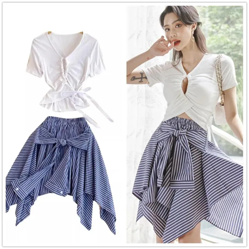 Vestidos de trabalho Casual Summer Lace-up Hollow Out Tshirt de duas peças femininas definidas roupas de moda coreana de moda