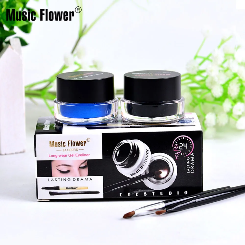 Musik Flower Eye Makeup 2 i 1 Brun Black Gel Eyeliner Cream Water-Proof Creamy Texture Eye Liner Set med borstar