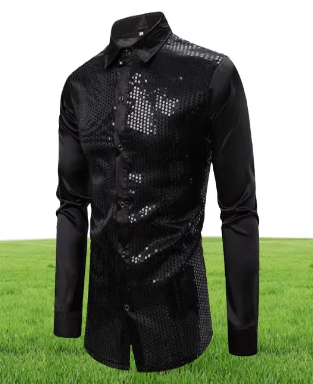 Men039s Casual Shirts Mens Black Long Sleeve Button Down Dress 2021 Shiny Sequin Silk Satin Shirt Men Business Party Male Chemi2673864