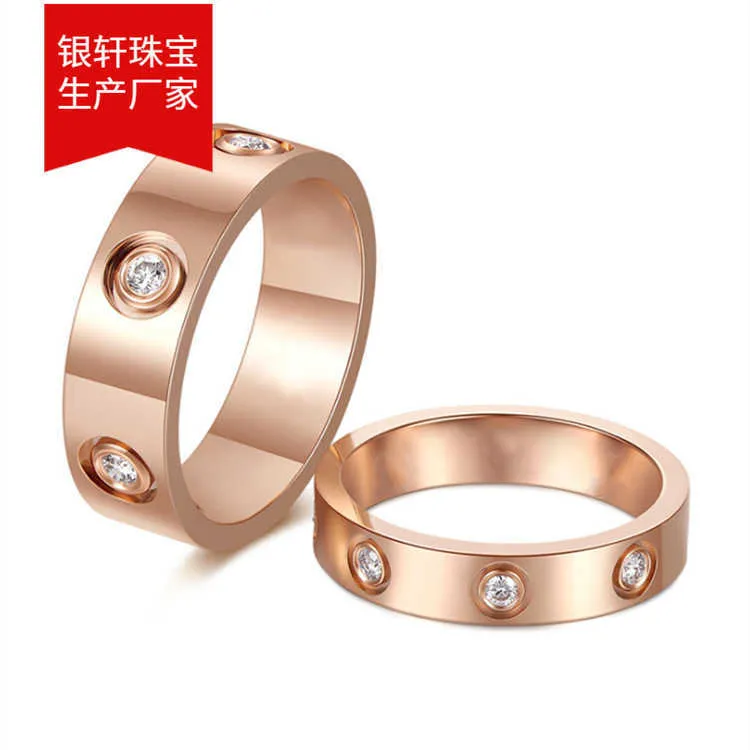 Designer charm Love New Rose Gold Six Diamond Ring Titanium Steel One line Couple