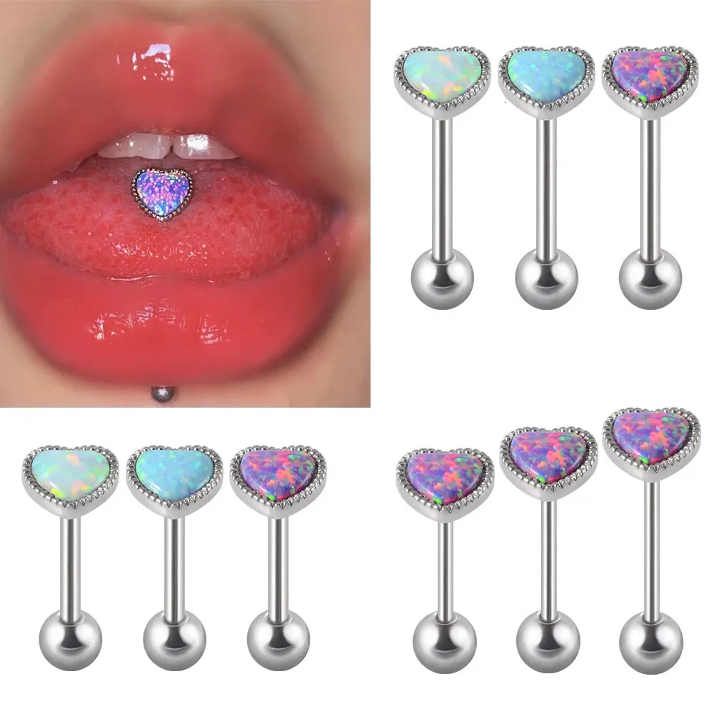 1 st Antialllergy Steel Opal Tongue Rings for Women Heart Shape Ear Tragus Brosket Cheek Piercing Smycken 14G16G 240409