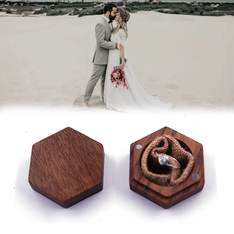 Wedding Ring Box Walnut Pair Ring Opslag Verpakking Geschenkdoos Zhexagon-vormige houten doos oorbuien oorbellen sieradendoos