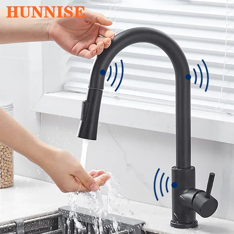 Smart Touch Kitchen Mixer Wasserhähnen mit Pull Down Sprühgerät Matt schwarz heiß kalte Küchenspüle Mixer Tap Sensor Touch Ktichen Wasserhahn