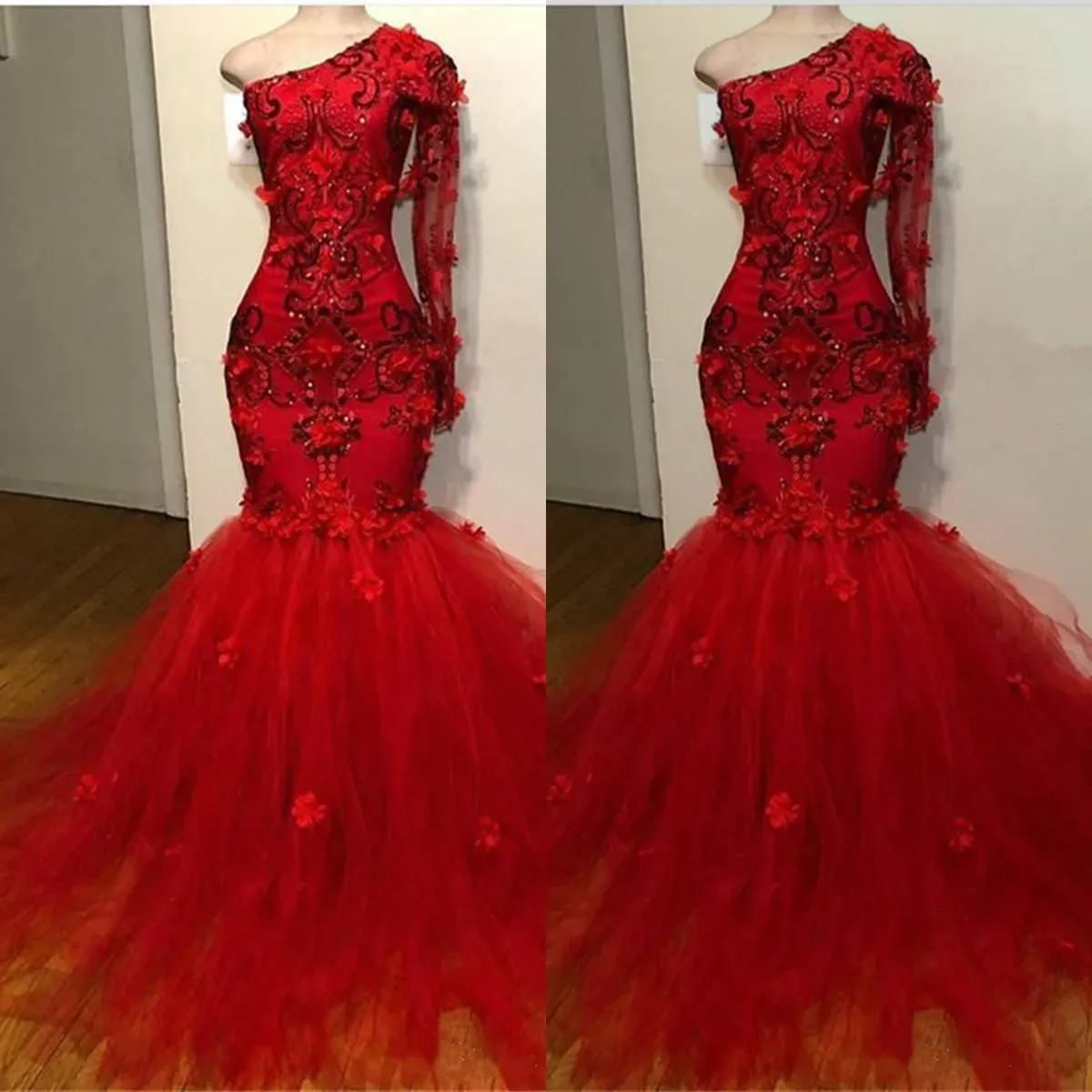 Elegant Red Prom Dresses One Shoulder Long Sleeves Mermaid Evening Gowns 2024 Lace Appliques Beads handmade Flowers Special Occasion Dress