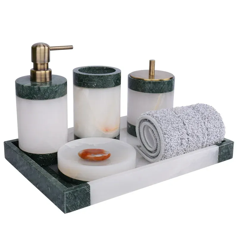 RQYIXI Bathroom Accessories Set 4 Pcs Marble Look Sets Toothbrush Holder Soap Dispenser Counter Top Ceramic Bathroom Decor Set Gold-558717