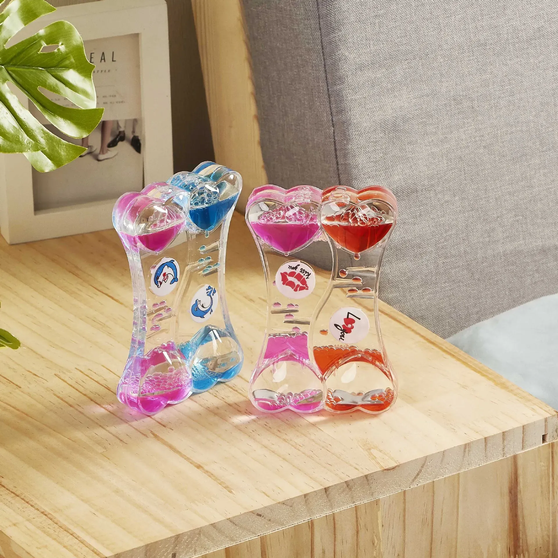 Liquid Double Heart Fun Oil Drop Timer Acrylic Plastic Desk