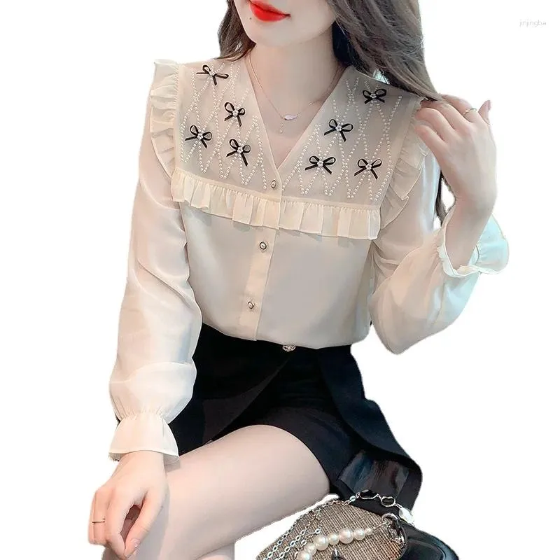 Женская блузская шифоновая рубашка женские топы 2024 весна мод французский v-образный галстук с бабочками для бусинки