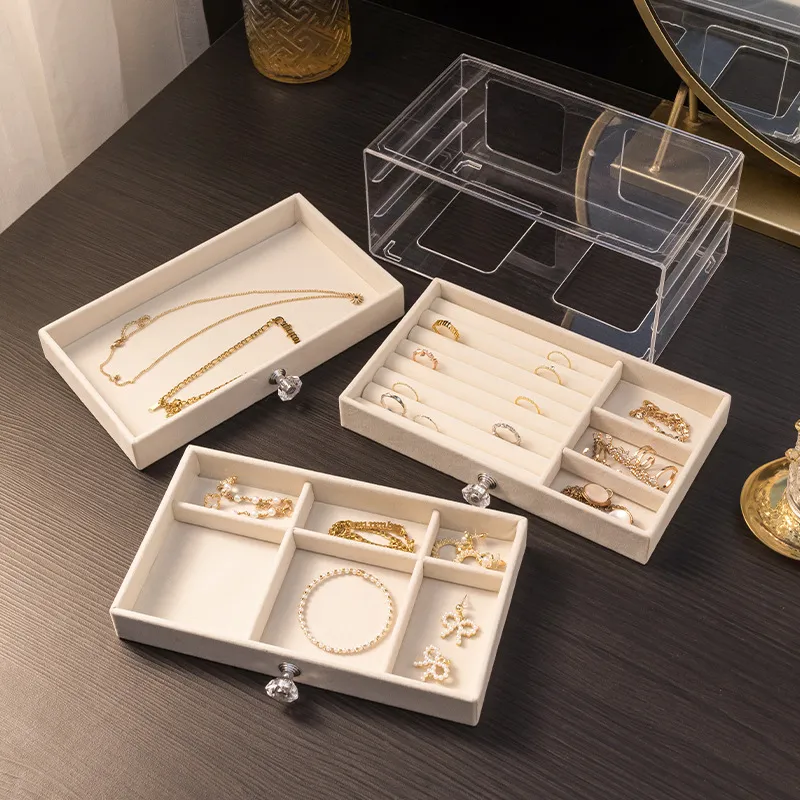 Transparenta smycken Organiser Box Display Case Three Layer Earrings Nacklace Plastic Organizing Boxes Velvet Jewelry Tray 2023