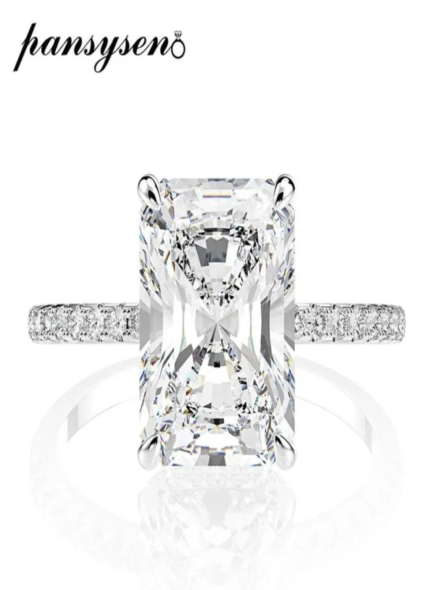 Pansysen Real 925 Sterling Silver Emerald Cut Created Moissanite Diamond Wedding Rings For Women Luxury Voorstel verlovingsring C1688509