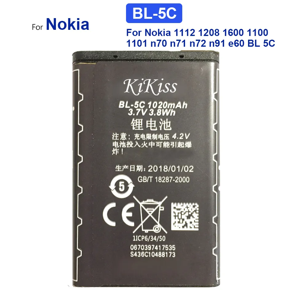 電話バッテリーBL-4C BL-5C BL-4B BL-5B BL-5J BL-4D for Nokia N97 MINI 3230 5230 6100 6300 2630 5070 7270 C2-01 BL 4C BL 4D 4D