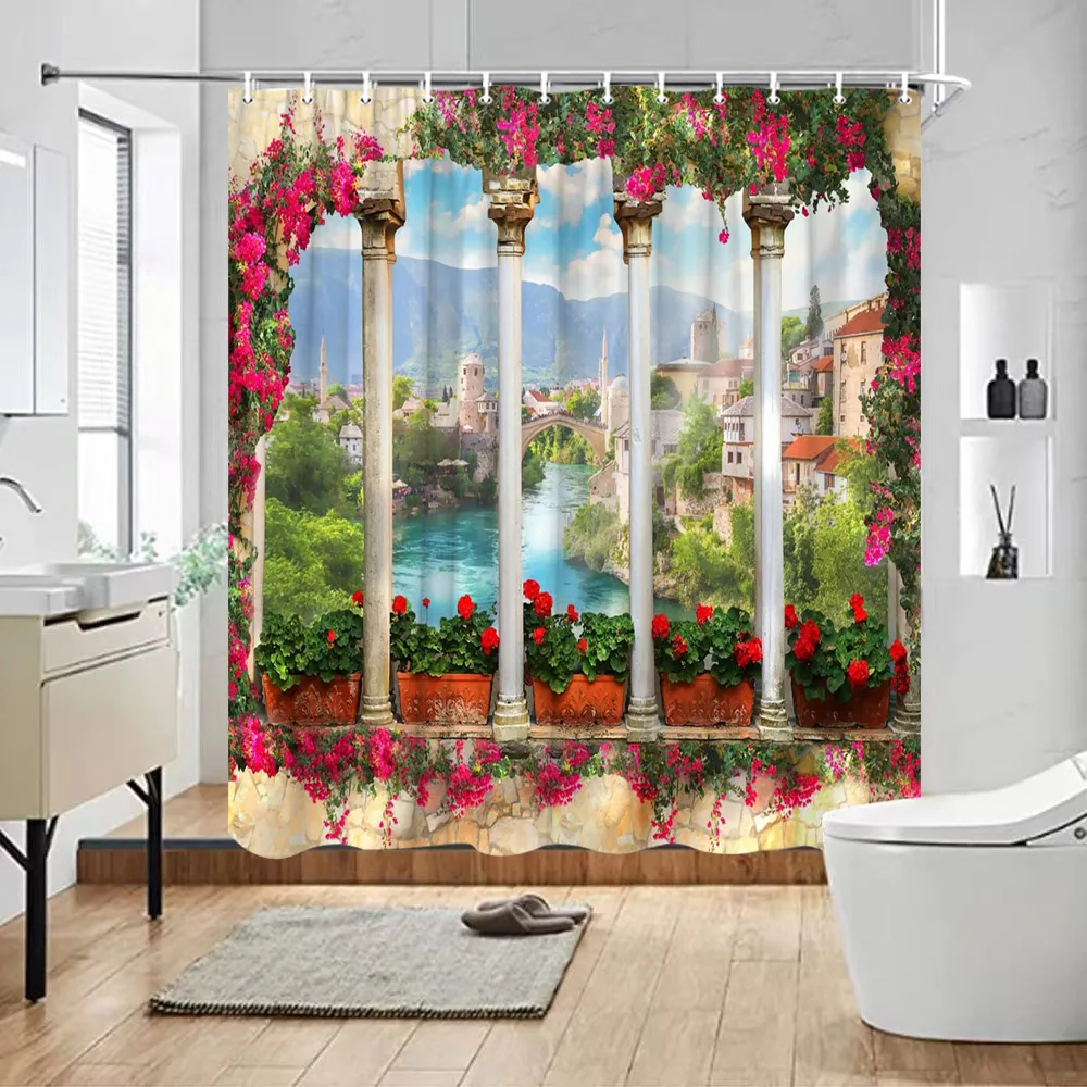 Cortina Ducha Bohemia Con Flores Tropicales | 180x90 Cm, Poliéster Impermeable, Incluye 12 Ganchos