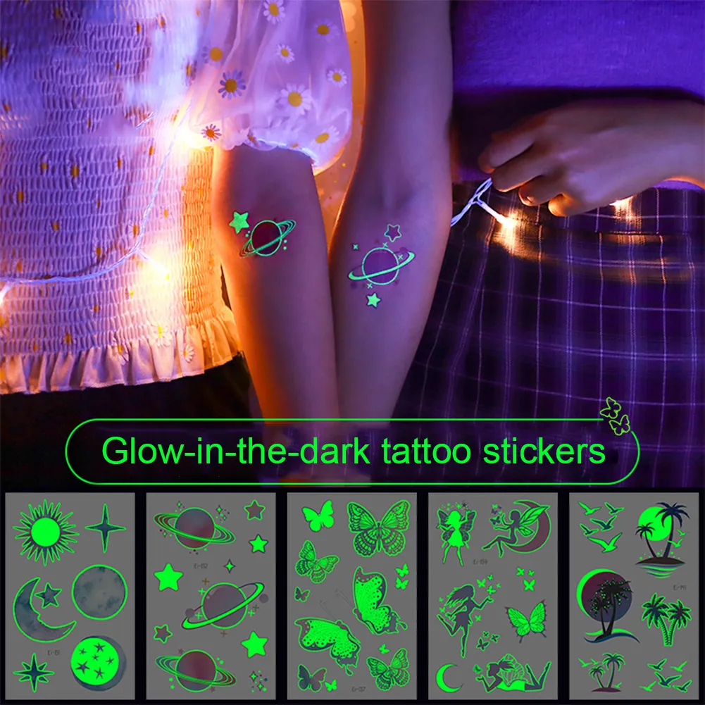 Autocollant de tatouage lumineux Bar Night Club Bar Music Festival Carnaval Tatoo Sticker Fluorescent Musical Note Sticker Cool Face brillant