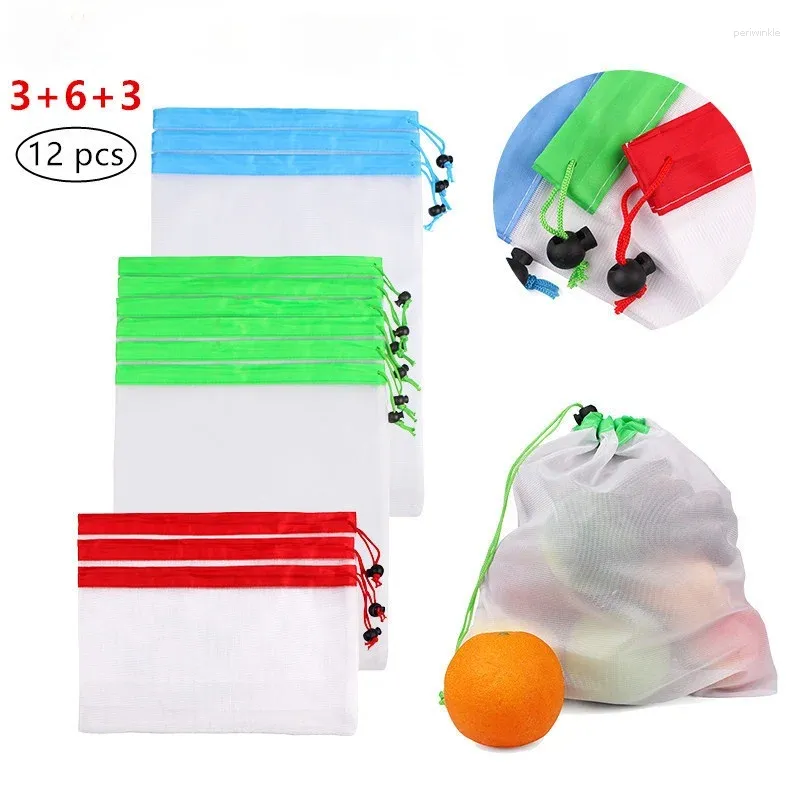 Storage Bags 12 Pieces Of Reusable Food Fruit And Vegetable Mesh Eco-friendly Polyester Rope Bundle Pocket Kitchen