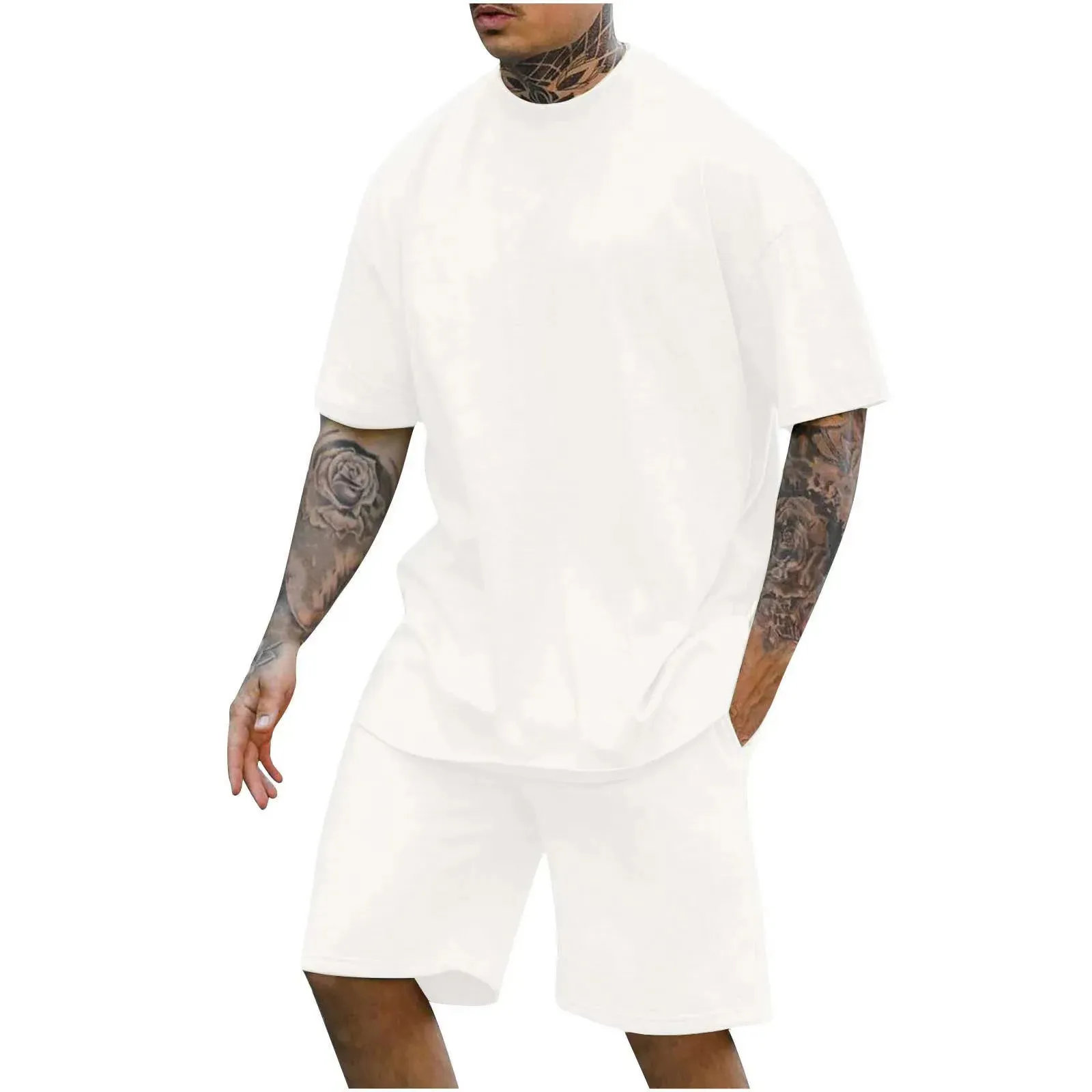 Mens Outfits Solid Color Short Sleeve T Shirt And Shorts Set