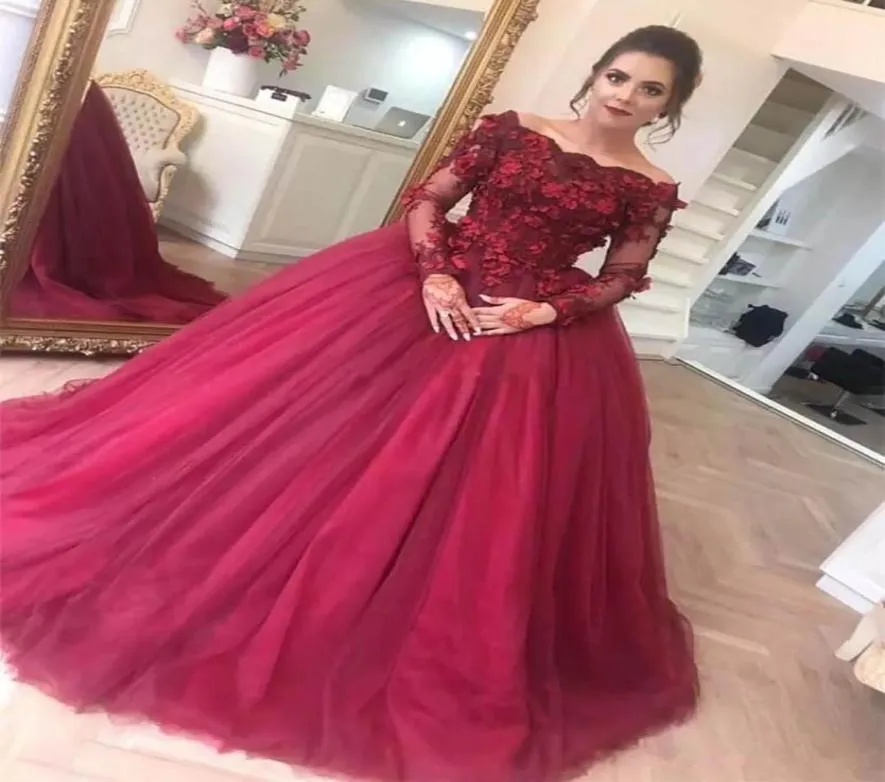 Dark Red Evening Dresses Ball Gown Off the Shoulder Sheer Long Sleeves Lace Flowers Tulle Plus Size Party Prom Evening gown2098937