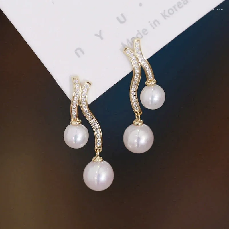 Orecchini penzolanti Meibapj 6-8 mm Naturale Round Pearls Fashion Drop Het Porta a vuoto 925 Gioielli da sposa in argento per donne