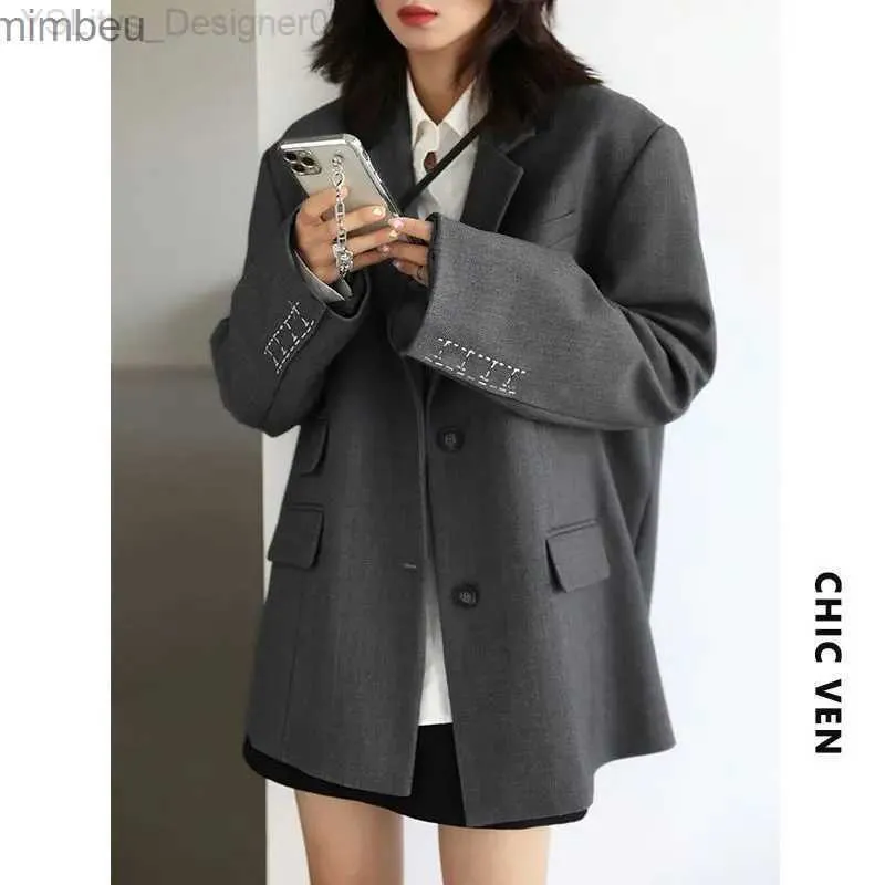 Damskie garnitury Blazers Office Lady Blazers for Women Fashion szerokie ramię mankiet haft mankietowy żeński garnitur płaszcze swobodne panie kurtki odzieżowe c240411