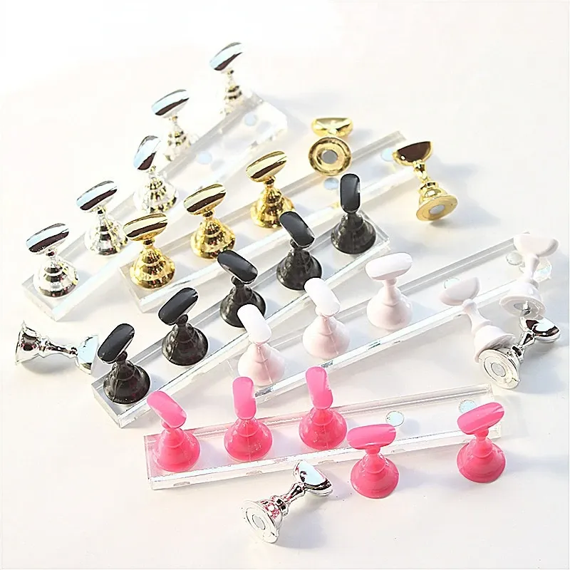 1Pc Magnetic Nail Holder + 5 Tips Practice Crystal Nail Art Display Stand UV Gel Polish Showing Manicure Tools Metal Alloy Shelf