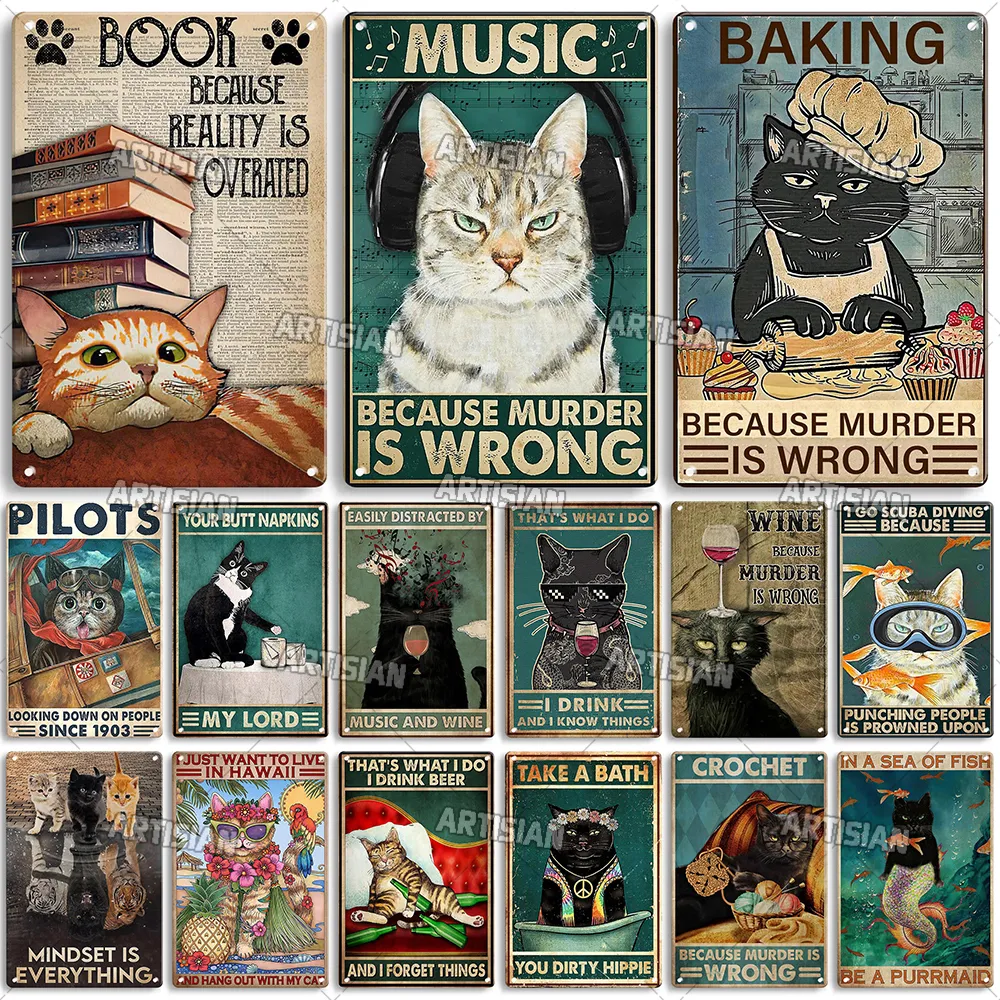 Artisian Black Cat Metal Poster Pet Tin Bord Moggy Decoratief bord Wall Decor Garage Bar Pub Club Hotel Cafe Kitchen Home