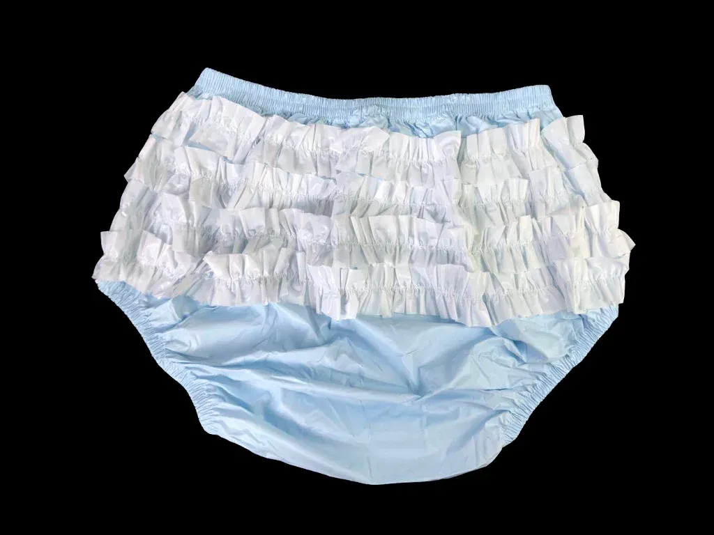 Pantaloni dei pantaloni Haian Frilly Frilly Plastica Incontinenza Pantaloni di plastica Pulone Colore Blue Blue con Bianco Frilly