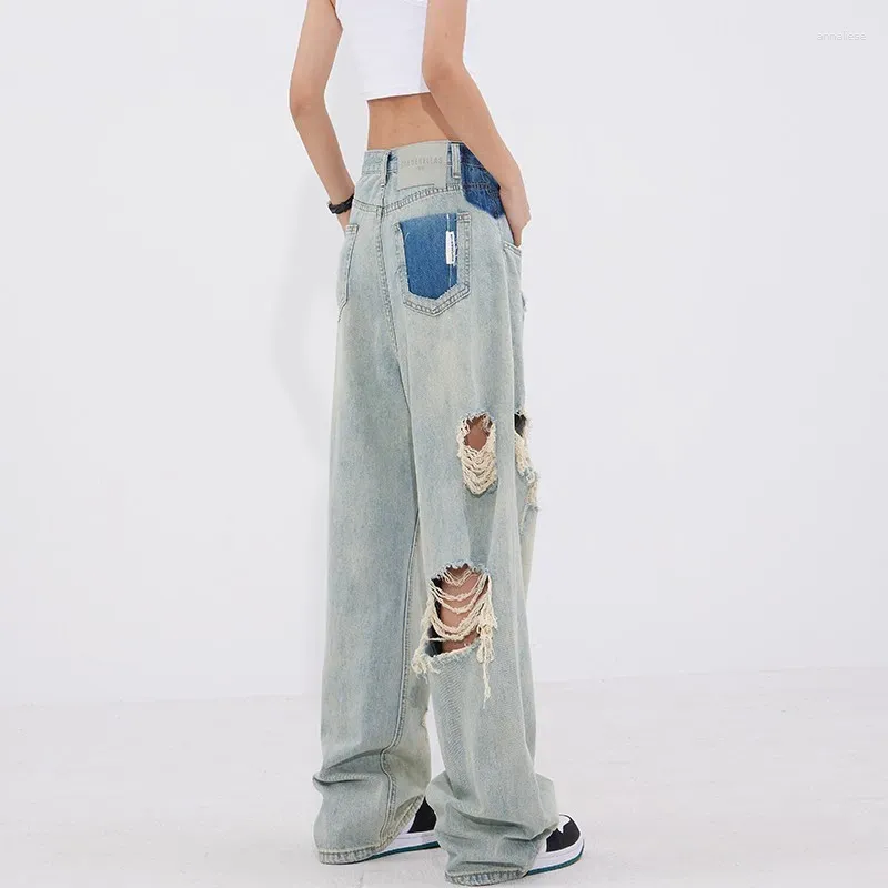 Kvinnors jeans wcfcx studio streetwear för kvinna blå y2k vintage kläder rippade baggy koreanska mode mamma byxor