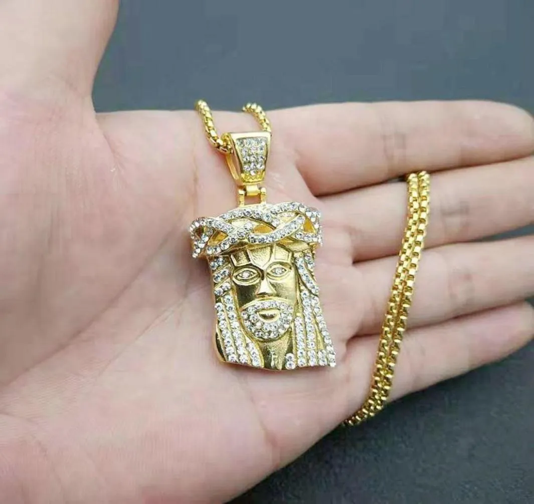 Хип -хоп Bling Gold Color из нержавеющей стали, кусочки Иисуса, ожерелье для мужчин Рэппер Ювелирные изделия, капля подвесные ожерелья 6076600