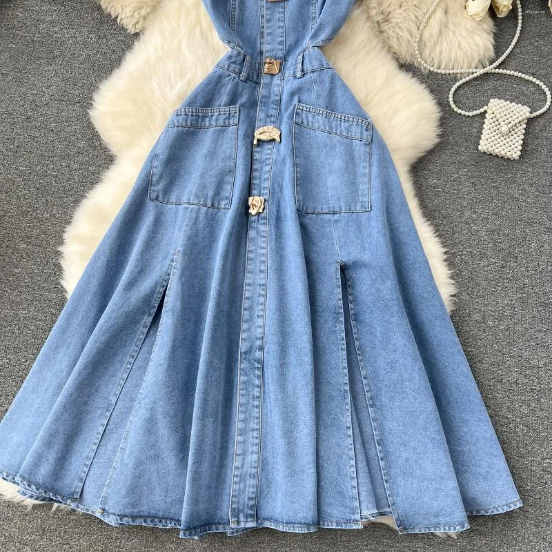 【BAON】Torom Half Open Denim Collar Long One Piece Designer denim with dress for Women - Single Breasted, Turn