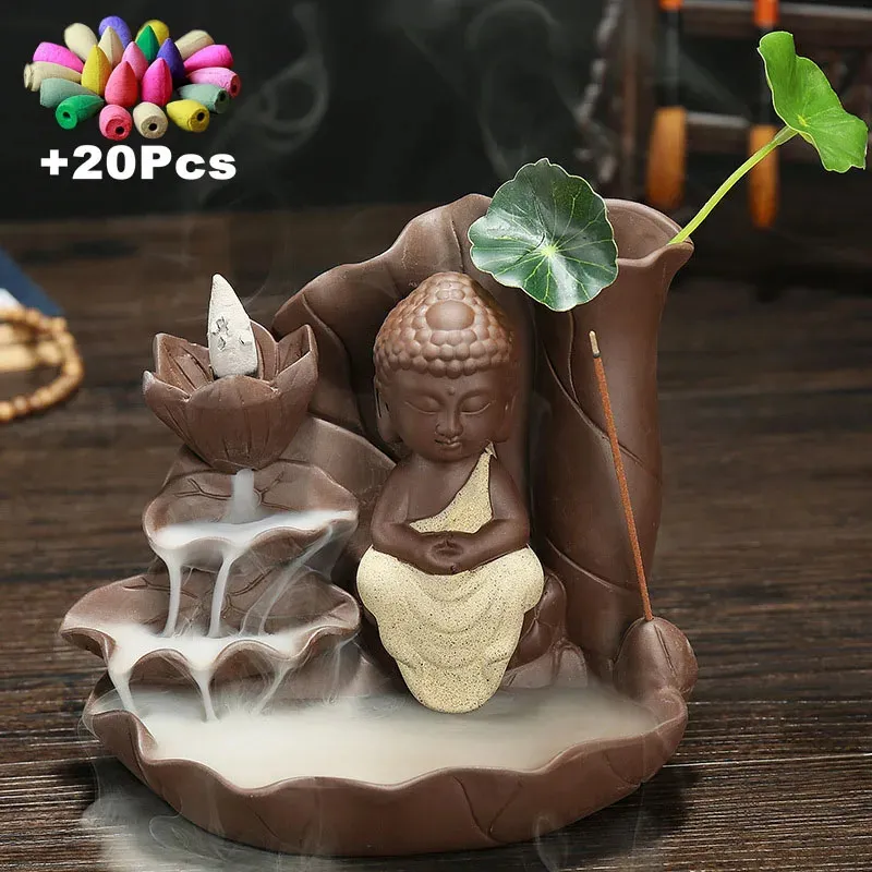 Com 20pcs Cones Purple Sandraft Handicraft Lotus Buddha BackFlow Incense Stick Stick Censer Censer Pet 240411