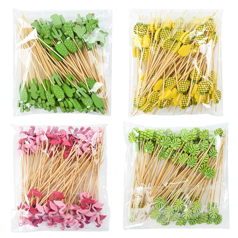 100st Hawaiian Tropical Toothpick Flamingo Palm Leaf Bamboo Pick Dessert Stick Cocktail Fruit Fork For Summer Beach Party Decor