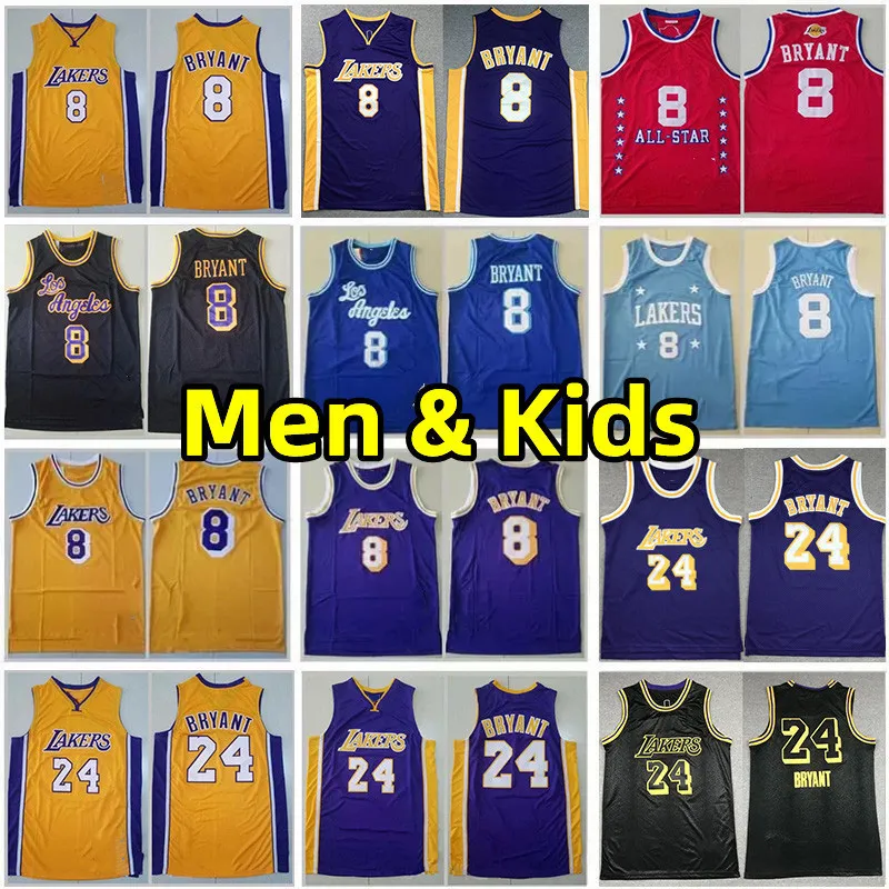 Men Youth Kids 8 24 Bean Bryant Retro Basketball Jerseys The Black Mamba Jersey Hardwood Vintage Classic Yellow Blue Purple vest Wear adult children