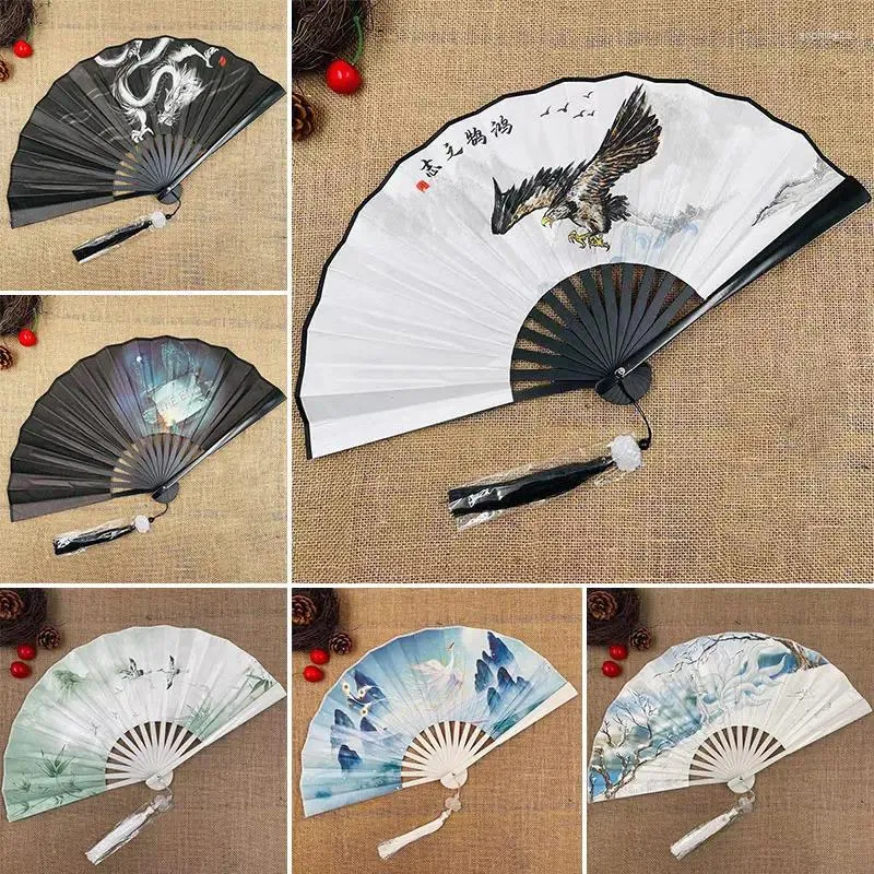 Decoratieve beeldjes 1 st vouwen ventilator doek hand vastgehouden zak bamboe handvat retro chinese stijl ambachten home decor feest gunsten ornament ornament