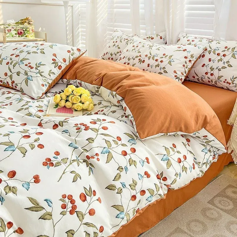 Ins Green Pastoral Floral Leaves Duvet Cover With Pillow Case Bed Sheet Kids Girls Bedding Set King Queen Bed Linen