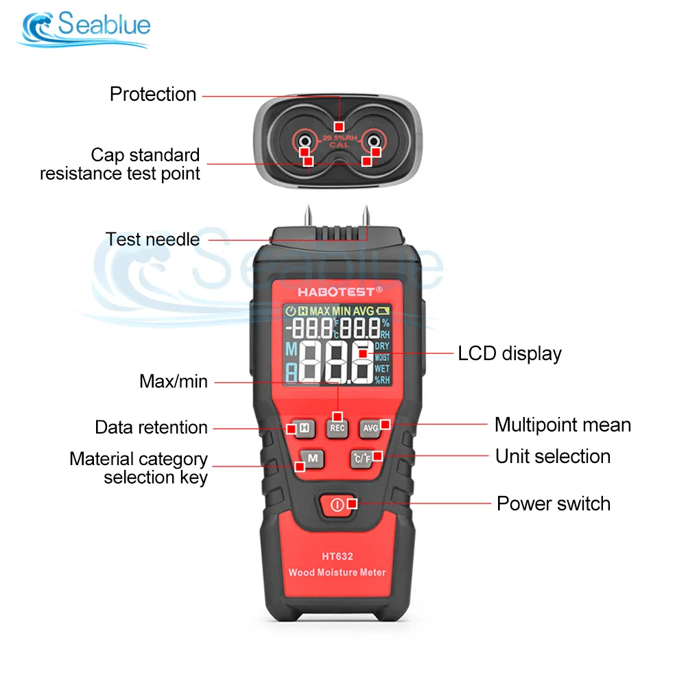 HT632 Digital träfuktmätare Väggvatten Tester Fuktighetsmätare Två stift Hygrometer Betong Cement Brick Detector 0-99,9%RH