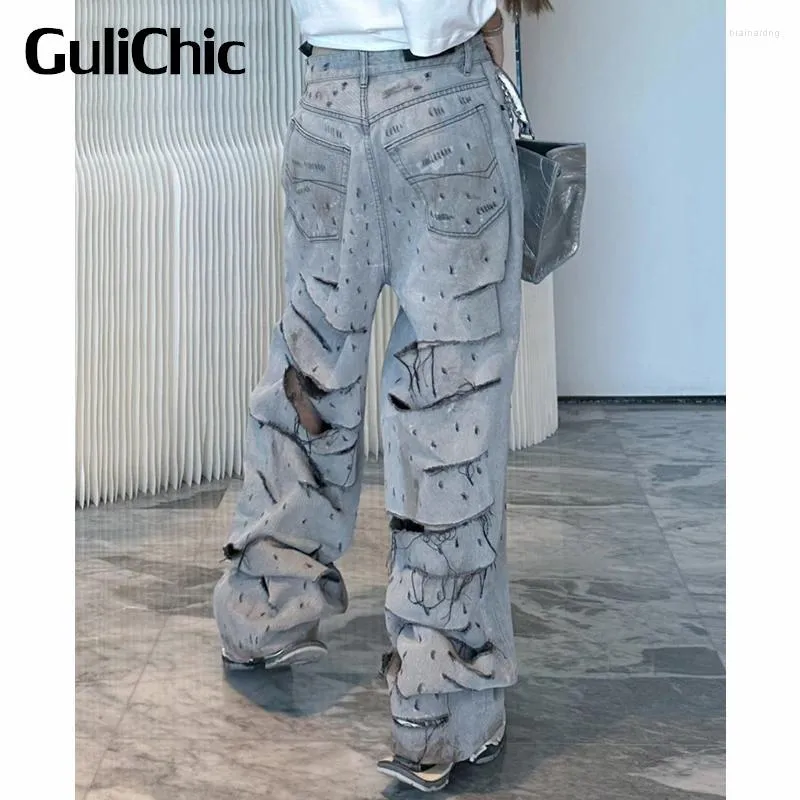 Kadın Kotları 9.9 Gulichic Women Street Yıkanmış Sıkıntılı Denim Kesilmiş İçi Back Sırt Geri Geniş Bacak